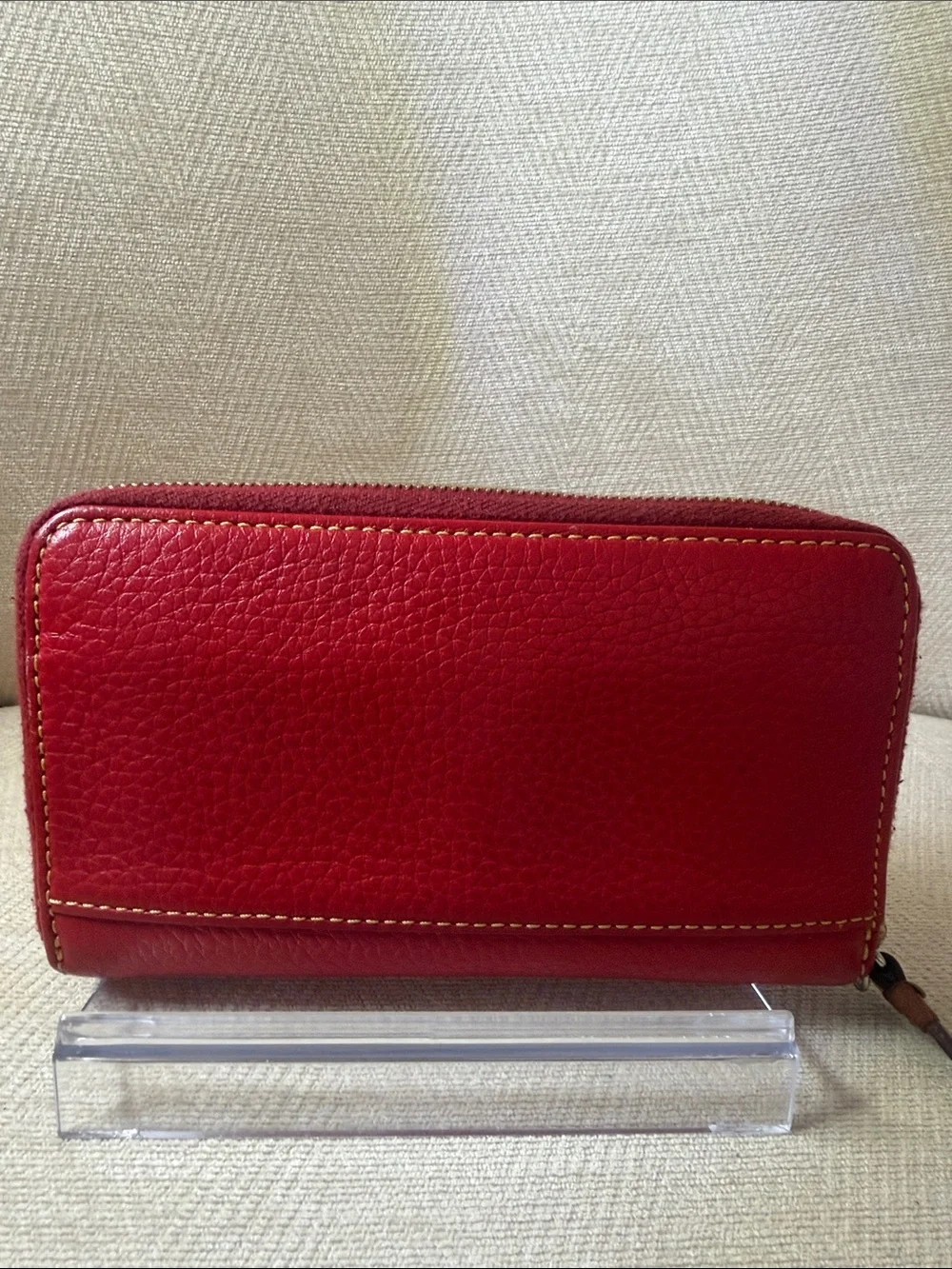 Dooney & Bourke Red Pebbled Leather Zip Wallet with Gold Plaque